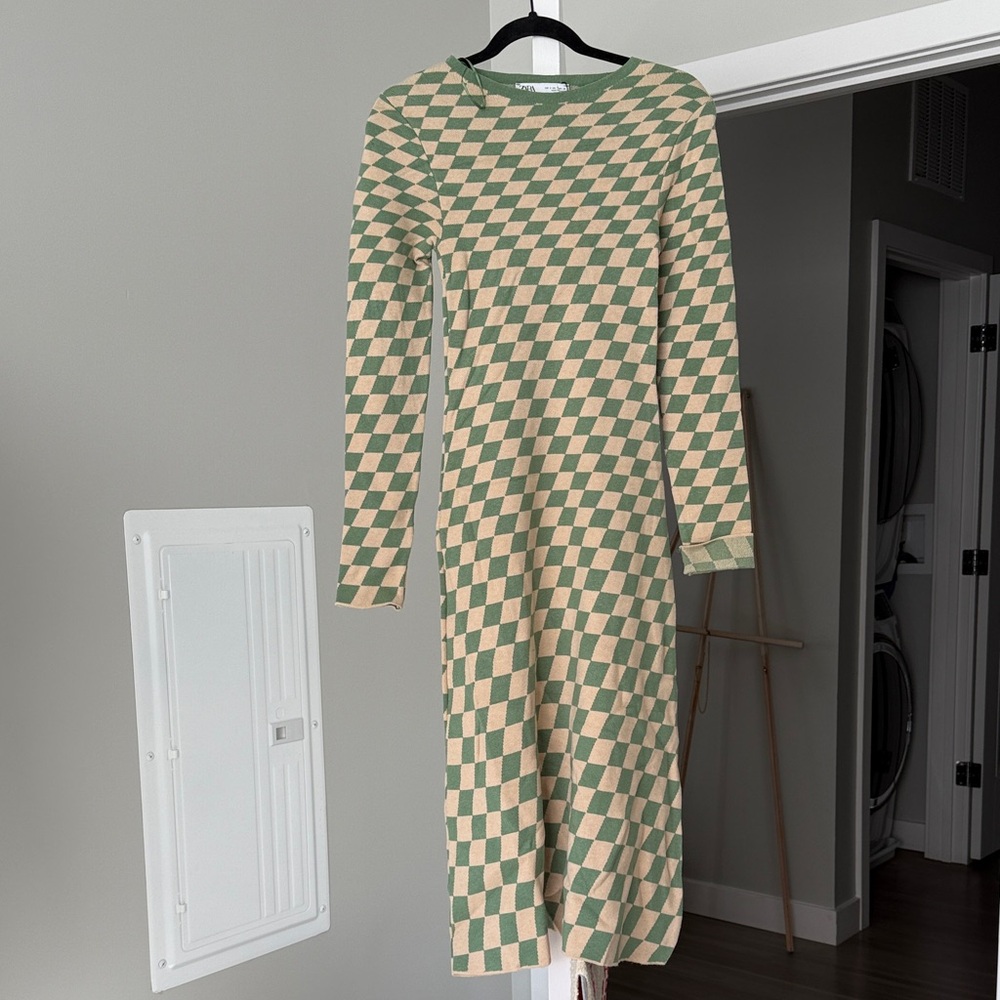Green and Cream Checkered Dress